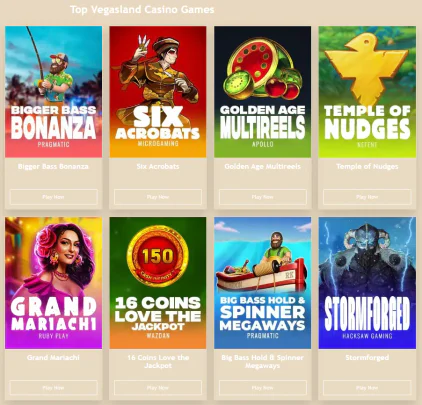 Top-Casinospiele bei VegasLand mit Slots wie Bigger Bass Bonanza, Six Acrobats und Temple of Nudges